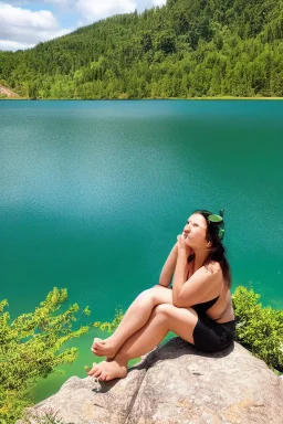 woman sitting on a rock, in a lake, green mottled skin, green hair, blue sky, white clouds