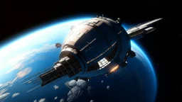 space ship in orbit around planet