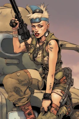 Tank Girl, never one to shy away from pushing boundaries, continued her audacious display of defiance. She holstered her modified firearm briefly on her hip, then, with a sly grin, brought it up to her lips, sensuously licking the barrel in a provocative manner. Her actions were both a testament to her irreverent spirit and a calculated challenge to anyone who might underestimate her. As the camera captured the daring act, the metal of the gun glistened under the unforgiving desert sun, making