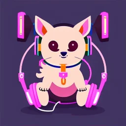 die cut sticker of cute cyber animal with headphones, 2D, flat illustration by bryen frost, cyberpunk, minimal, vector style