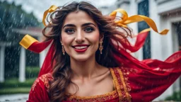 Hyper Realistic Photographic Close-Up View Of A Beautiful Young Pashto Woman With Beautiful Eyes Lips & Nose (Wearing Beautiful Red Frock Decorated With Yellow-Ribbons On It Her Beautiful Long Hair Whirling In Air) Happily Whirling & Smiling Outside A Fancy Navy-Blue Mansion At Cloudy Weather With Heavy Rainfall Showing Dramatic & Cinematic Ambiance.