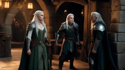 [photo from the lord of the ring] two elves, Lady Lyanna and her bodyguard Thalion the elfin warrior with scars, entering the tavern. They pause in the doorway, their sharp elven senses already alert to the tension in the room. Lyanna's silver hair catches the morning light as she scans the tavern, and Thalion take a seat in a shadowed corner.