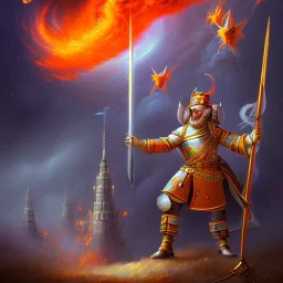 army with morning stars in front of a tall skewed tower on fire in a hurricane, upper body of orange devil with spear