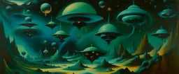 A blackish teal outer space with UFOs painted by Diego Rivera