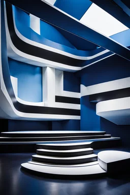 liminal space, blue and white, retrofuturism, empty stage