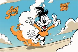 mostly sky, ground line at bottom, small cartoon character on the bottom right running towards the right side, leaving behind a puff of smoke. style of looney toons cartoon