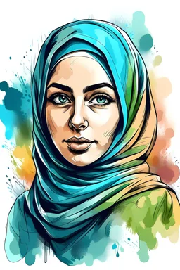 vector art of an Watercolor arabic Woman in hijab clipart, Best Friends, front facing, magic, sharp design, smooth, monochromatic colorful, dark magic splash, t-shirt design, in the style of Studio Ghibli, The design should be in vector art, Use Adobe Illustrator to craft the logo with crisp lines and a simple yet captivating look. Keep the design centered on the cat's eyes, capturing their uniqueness and charm. The logo should evoke a sense of sophistication and tranquility. Emphasize a low-po