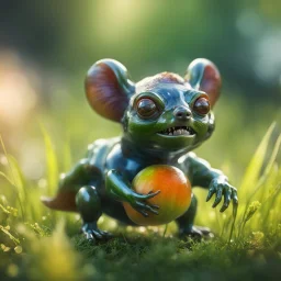 snail gremlin t-pose upper body of bear gargoyle made from tinted murano glass in long grass inspecting a melon ,bokeh like f/0.8, tilt-shift lens 8k, high detail, smooth render, down-light, unreal engine,bokeh like f/0.8, tilt-shift lens 8k, high detail, smooth render, down-light, unreal engine