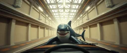 car driving happy 2d fluffy shark orca dog in the style of Escher and Giger and Fallout 4, pinhole cam, airbrush 3d rendering, on tv screen:A five-second cinematic single take in a clean industrial presentation hall.