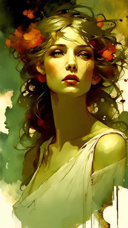 Eve on Eden, oil painting by Alphonse Mucha, Louis Royo, Frank Frazetta, Jeremy Mann, Russ Mills and Alberto Seveso