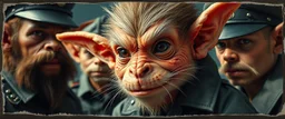 airbrush and pen outline, french art , extreme close up on cheeky fluffy weasel hairy goblin military prison guard troupe news anchor elf family scumbag , pinhole cam, airbrush 3d rendering, in the style of Titian and Rembrandt , torn edges on border