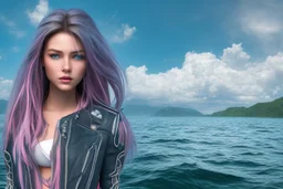 half body shot,realistic portrait of a 20-25 old caucasian model, long blue pink flowing hair, great grey eyes, blue leather jacket,full body, short white skirt,long legs,standing on deck of very big ship, beach of very nice lake with sunset ,clouds,godrayes