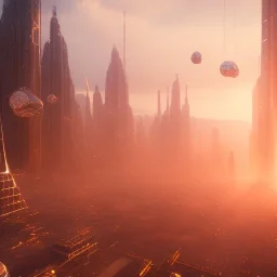 a crystalised transparent futuristic city suspended in the air, gold, diamonds, lightbeams, sunny atmosphere, realistic, unreal engine, 8k. Cinematic lighting, octane render.