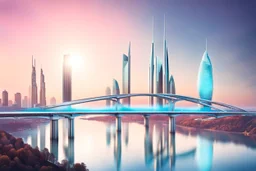 Dreamlike Skyline of Downtown futuristic hightech city in 4050 and a stunning futuristic Bridge During Sunlight over the azur-silver color river, cold colors, high detalied, sci-fi, landscape