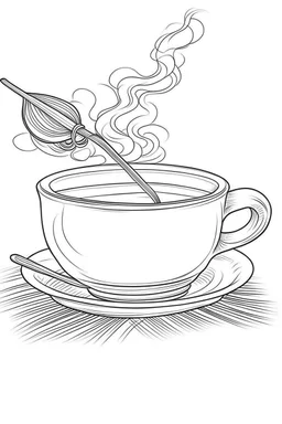 Outline art for coloring page, A JAPANESE CHAWAN TEACUP. A SHORT LIT CIGARETTE JOINT ON THE SAUCER, coloring page, white background, Sketch style, only use outline, clean line art, white background, no shadows, no shading, no color, clear