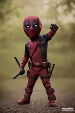 Deadpool toddler, full body, bokeh, hyper realistic