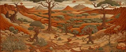 A brown arid wasteland designed in Mexican folk art painted by Giovanni Battista Sassi