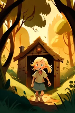 An image of the little blond bretty girl emerging from the forest, representing her happence in front her home and village