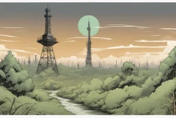 radio tower, overgrown apocalyptic, background, comic book,