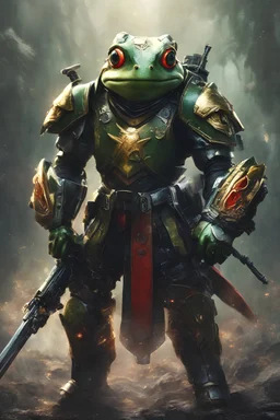 Frog Green Soldier Portrait Glow big red eye Gold Armor Robotic lightning Gun Silver Smoke Dust 16k details epic rare future water nice warrior furious sword