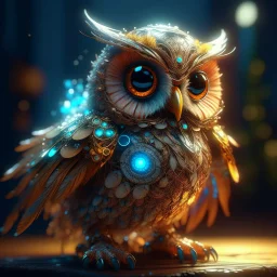 Cute and adorable fantasy owl, Bird-of-Paradise, sparrow, full body, shiny metallic jeweled depth, glowing smoke neon eyes, hoarfrost metal lace, fantasy, sunlight, sunbeam, intricate detail. 8k, dreamlike, surrealism, super cute, symmetrical, soft lighting, trending on artstation, intricate details, highly detailed, unreal engine, by ross tran, wlop, artgerm and james jean, Brian Froud, art illustration by Miho Hirano, Neimy Kanani, oil on canvas by Aykut Aydoğdu, oil painting, heavy strokes, p