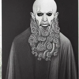 Nosferatu four yellow eyes with tentacle beard grey skin and vampire fangs as a Russian Orthodox bishop