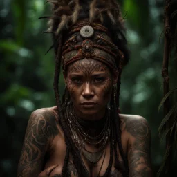 Behold the powerful alluring and pretty amazonic shaman woman, her body adorned with mystical tattoos, in the middle of amazonic jungle. intricate details, HDR, beautifully shot, hyperrealistic, sharp focus, 64 megapixels, perfect composition, high contrast, cinematic, atmospheric, moody