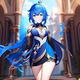 Clear focus,High resolution, Vibrant short blue hair, Vibrant blue eyes, Genshin impact inspired outfit, wearing a short skirt