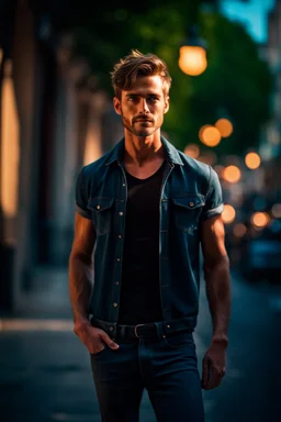 Beautiful man, beautiful face, short hair, that is standing on a sidewalk, wearing jeans, trending on unsplash, viennese actionism, anamorphic lens flare, dynamic pose, shallow depth of field, dreamlike, nature-inspired, romantic, whimsical, fantasy art,