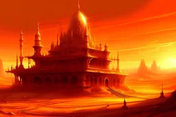 A brass palace sitting in the middle of a hot, melting wax desert, orange fiery sky, fantasy art, digital