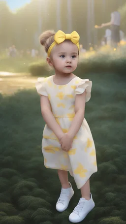 Little girl in yellow dress in 8k cartoon realistic artstyle