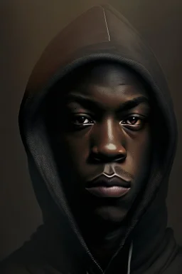A portrait of a black man with a hood, short hair,