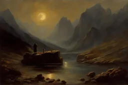 mistery night, mountains, rocks, river, epic, gothic and dark, wilfrid de glehn, friedrich eckenfelder, and anna boch impressionism paintings