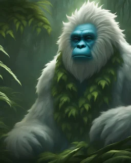 Craft a breathtaking 4K image of the legendary Yeti in the rainforest, showcasing hyper-realistic details. Capture the elusive creature amidst lush greenery, with every raindrop and strand of its shaggy fur meticulously depicted. Create a sense of awe and mystery as the Yeti's piercing gaze meets the viewer, immersed in the vibrant ecosystem of the rainforest. Include ferns, hanging vines, and dappled sunlight filtering through the dense foliage. Let your art transport viewers into a world where