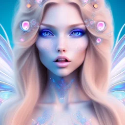  beautiful, soft, whide smile face, long blonde straight hair, blue eyes, fairy wings on the back, transparent crystal blue and pink background, big definition, 8K