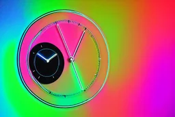 black background, outlines of a holographic clock and a picture in border drawn from thin neon-coloured glowing lines