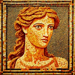 A mosaic floor that was discovered in archaeological excavations inside the remains of a Roman temple and contains a creative and artistic digital mosaic portrait of the goddess of beauty Venus. The portrait consists of many small square tiles or fragments arranged in a way that creates the features of her face and expression from a distance. Despite being composed of these individual blocks of color and pattern, the overall effect creates a striking and detailed likeness that captures the chara