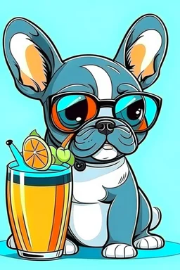 french bulldog in sunglasses drink cocktail cartoon