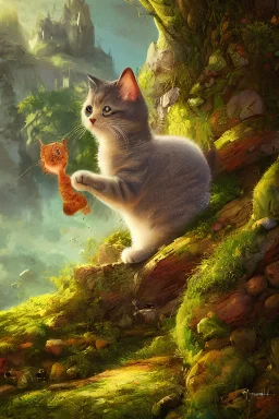 A beautiful cute cat toy, fairy landscape, art by Quentin Mabille, low angle view