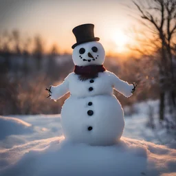 a villanous horror snowman, eerie sunset background, soft sunlight,