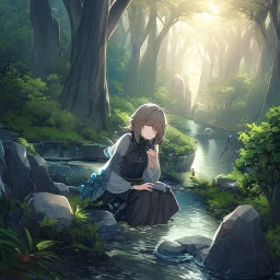 anime girl is praying with her eyes closed, meditating, rock trees, birds, creek, breathe