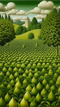 An olive green jungle with diamond shaped peppers painted by Rene Magritte