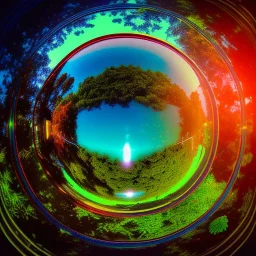 Sunset in a dense lush tropical jungle with lawn chairs, blue red and yellow. Warp. Fisheye. Bokeh. Psychedelic. distort. lens.