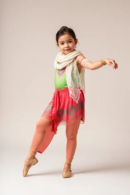 simple background, full body of very pretty little girl in azeri dance costum and with dance shoes,in relax pose,with a lace scarf