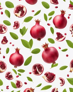 The pomegranade cores are scattered on a white background