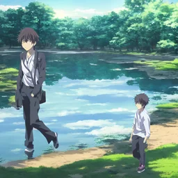 In the anime, a young male character is near the green lake in the sunset afternoon.