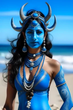 A photo of a blue skin Hindu goddess with painted blue skin, wavy black hair deer antlers standing on a sunny beach