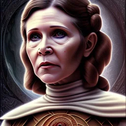 actress carrie fisher, ominous, waist up portrait, intricate, oil on canvas, masterpiece, expert, insanely detailed, 4k resolution, retroanime style, circular reflective eyes, cinematic smooth, intricate detail , soft smooth lighting, soft pastel colors, painted Renaissance style