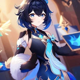 Clear focus,High resolution, Black short fluffy hair, and blue eyes, wearing a Genshin Impact inspired outfit, detailed clothes,must be wearing a short skirt, Art