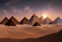 the Egyptian 3 pyramids,only 3 pyramids, photo from the skay, 4k,from 40 thousands years ago in high technology like new as was in that time,unreal lighting, volumetric lighting, high contrasts, stained glass art, neon glowing lights.huge and strong look ,